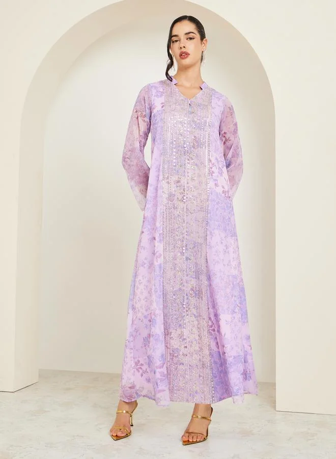 Amirah Women Lilac Floral Print Embellished Jalabiya